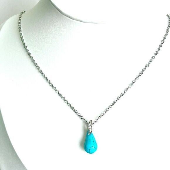 BBN Turquoise & Sterling w/ zircon accent Pendant & Chain - Picture 6 of 12